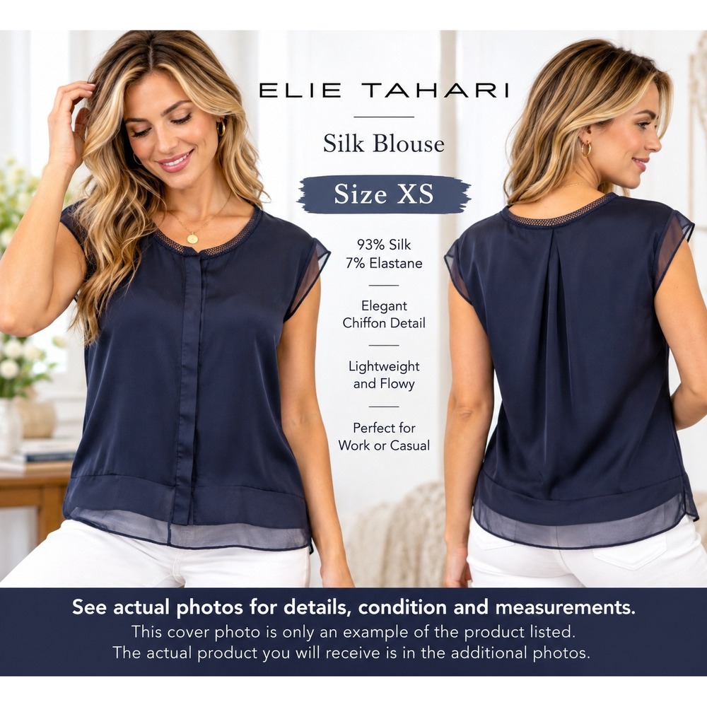 Elie Tahari Womens XS Navy Silk Blouse Sheer Chiffon Trim Short Sleeve Top #3012